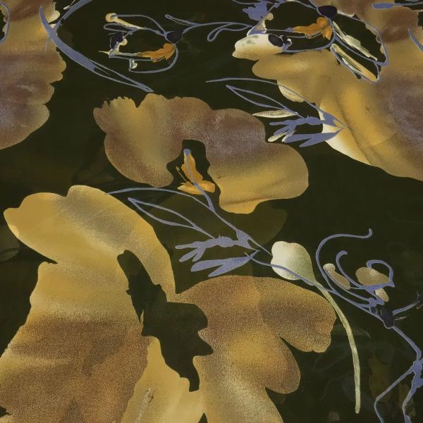 Fabric Chiffon blouse fabric with abstract large flower design dark green khaki ochre brown dove blue dress fabric