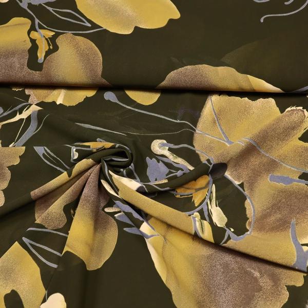 Fabric Chiffon blouse fabric with abstract large flower design dark green khaki ochre brown dove blue dress fabric