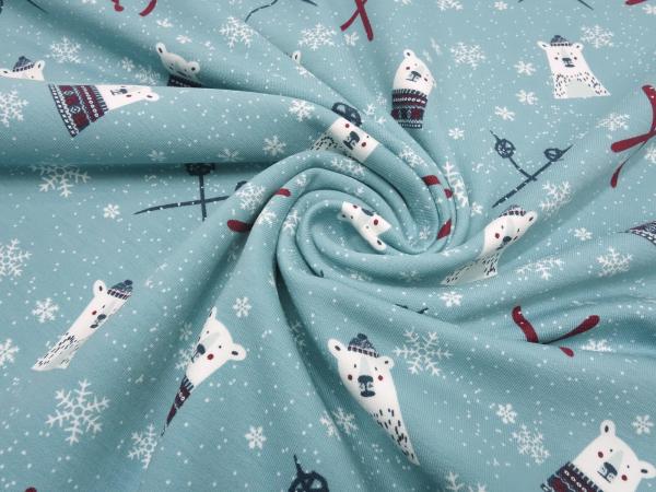 Stoff Baumwolle Sweatshirtstoff French Terry Eisbären Schneeflocken Ski Design eisblau weiß grau rot Kinderstoff Kleiderstoff