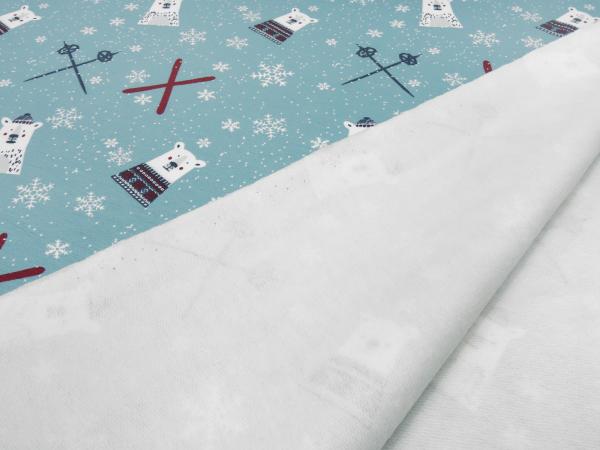 Stoff Baumwolle Sweatshirtstoff French Terry Eisbären Schneeflocken Ski Design eisblau weiß grau rot Kinderstoff Kleiderstoff