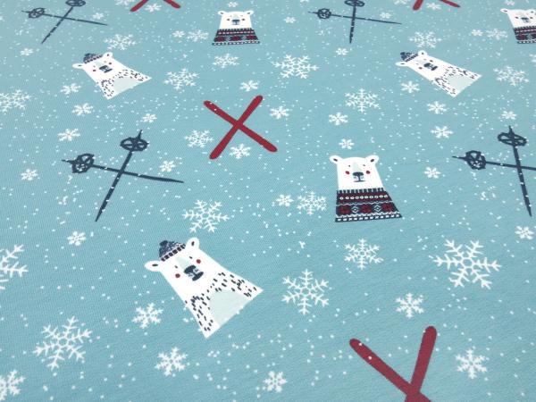 Stoff Baumwolle Sweatshirtstoff French Terry Eisbären Schneeflocken Ski Design eisblau weiß grau rot Kinderstoff Kleiderstoff