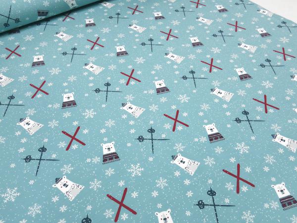 Stoff Baumwolle Sweatshirtstoff French Terry Eisbären Schneeflocken Ski Design eisblau weiß grau rot Kinderstoff Kleiderstoff