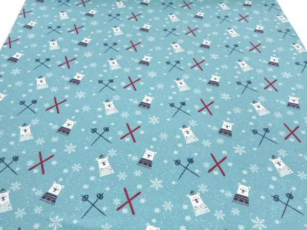 Stoff Baumwolle Sweatshirtstoff French Terry Eisbären Schneeflocken Ski Design eisblau weiß grau rot Kinderstoff Kleiderstoff