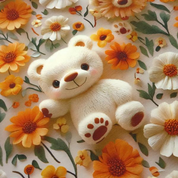 Stoff Baumwolle Jersey Teddy Bär Blumenmuster Design cremeweiß orange grün beige bunt Kinderstoff Kleiderstoff