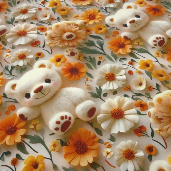 Stoff Baumwolle Jersey Teddy Bär Blumenmuster Design cremeweiß orange grün beige bunt Kinderstoff Kleiderstoff