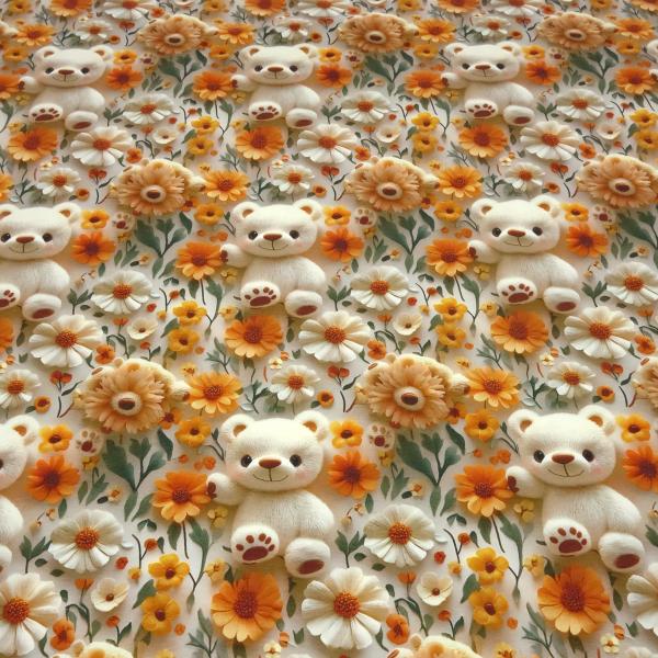 Stoff Baumwolle Jersey Teddy Bär Blumenmuster Design cremeweiß orange grün beige bunt Kinderstoff Kleiderstoff