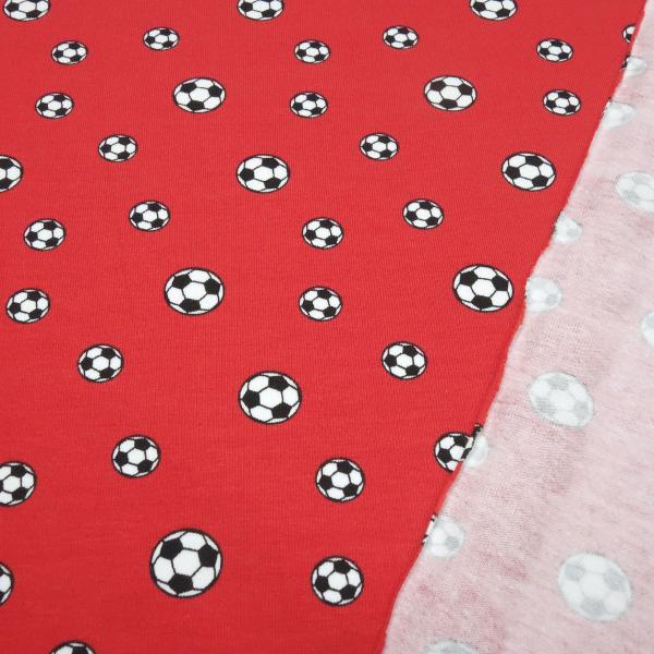 Stoff Baumwolle Jersey mit Fußball Fußbälle Bälle Design rot weiß schwarz Kinderstoff Kleiderstoff