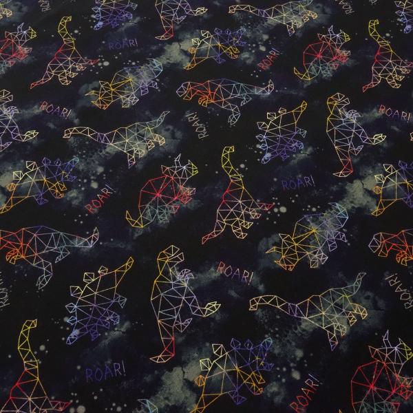 Stoff Baumwolle French Terry Sommersweatshirtstoff Dino Dinosaurier Design schwarz multicolor bunt Kinderstoff Kleiderstoff