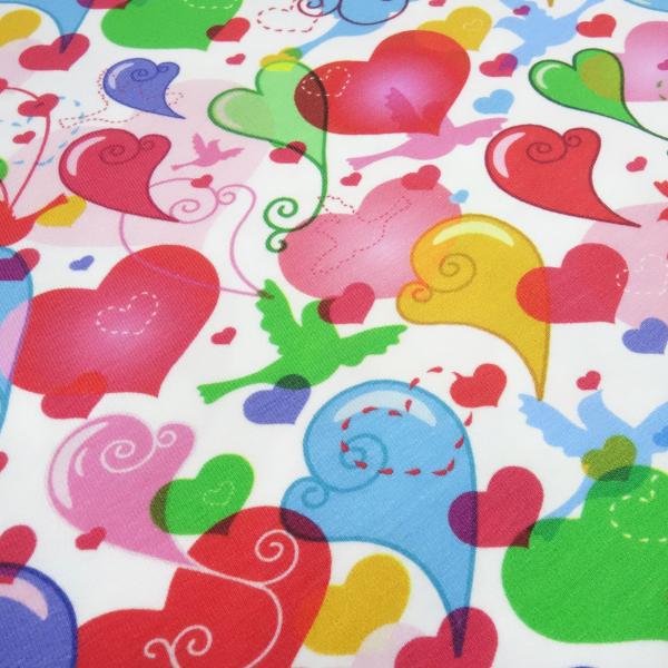 Stoff Baumwolle Jersey mit Herzen Vögel Design weiß multicolor bunt Kinderstoff Kleiderstoff