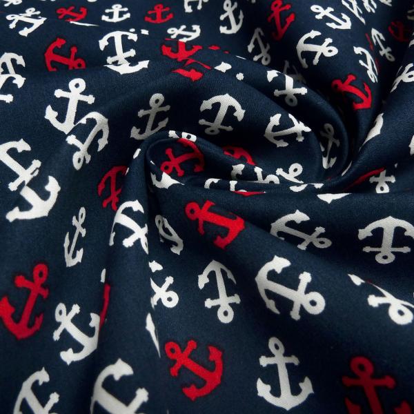 Cotton poplin fabric with maritime anchor design in navy blue white and red dress fabric blouse fabric decorative fabric