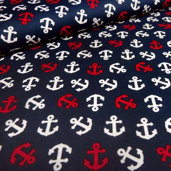 Cotton poplin fabric with maritime anchor design in navy blue white and red dress fabric blouse fabric decorative fabric