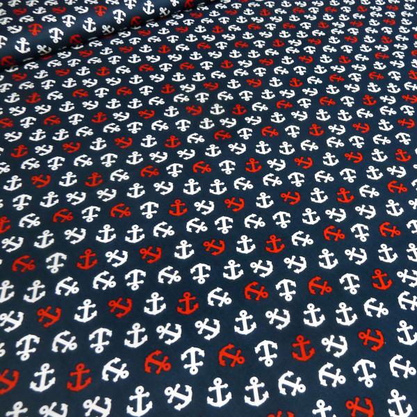 Cotton poplin fabric with maritime anchor design in navy blue white and red dress fabric blouse fabric decorative fabric