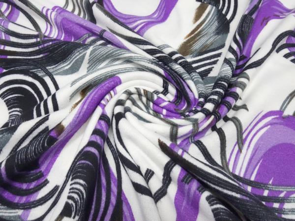 Fabric jersey fine knit with geometric graphic pattern design white purple black gray brown dress fabric