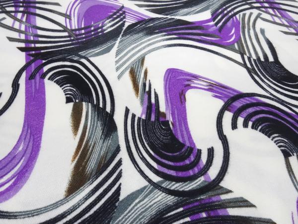 Fabric jersey fine knit with geometric graphic pattern design white purple black gray brown dress fabric
