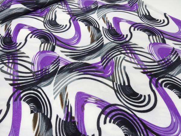 Fabric jersey fine knit with geometric graphic pattern design white purple black gray brown dress fabric