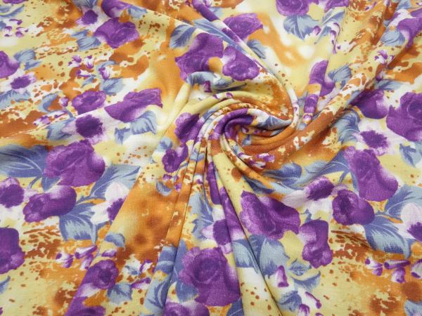 Stoff Viskose Jersey Blumen Rosen Design gelb orange lila blau bunt Kleiderstoff