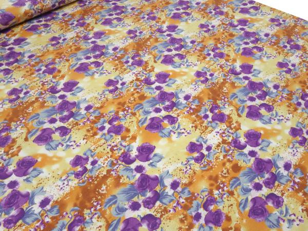 Stoff Viskose Jersey Blumen Rosen Design gelb orange lila blau bunt Kleiderstoff