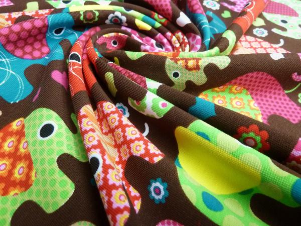 Stoff Baumwolle Jersey Elefanten Blumen Herzen braun bunt Kinderstoff Kleiderstoff