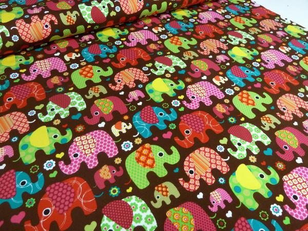 Stoff Baumwolle Jersey Elefanten Blumen Herzen braun bunt Kinderstoff Kleiderstoff