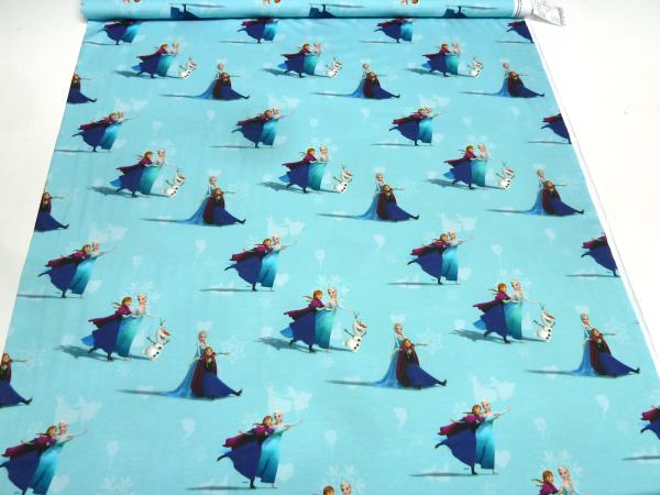 Stoff Baumwoll Jersey mit Disney Eiskönigin Frozen Anna Elsa Design hellblau bunt Kinderstoff Kleiderstoff