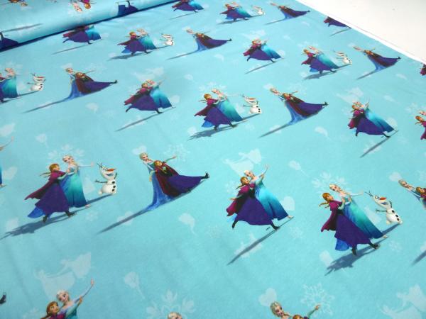 Stoff Baumwoll Jersey mit Disney Eiskönigin Frozen Anna Elsa Design hellblau bunt Kinderstoff Kleiderstoff