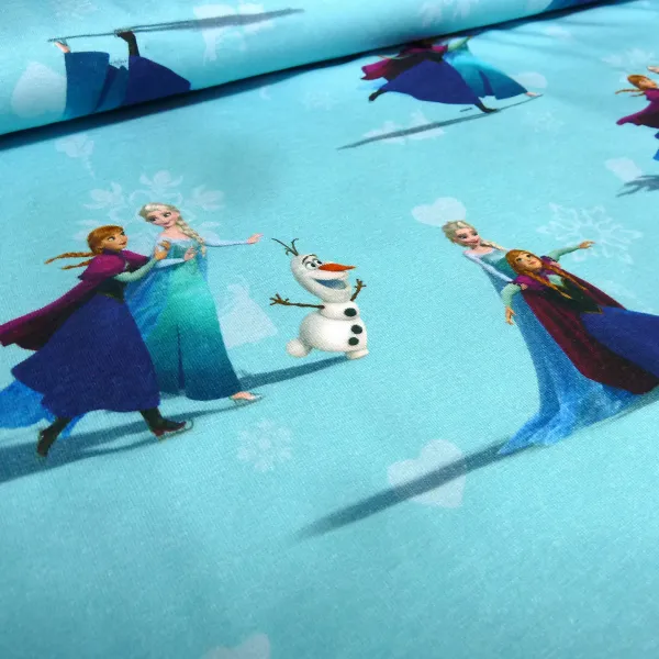 Stoff Baumwoll Jersey mit Disney Eiskönigin Frozen Anna Elsa Design hellblau bunt Kinderstoff Kleiderstoff