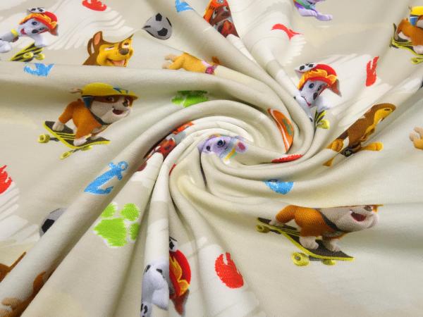 Stoff Baumwolle Jersey mit Lizenzdruck Paw Patrol beige-braun bunt Kinderstoff Kleiderstoff Lizenzstoff