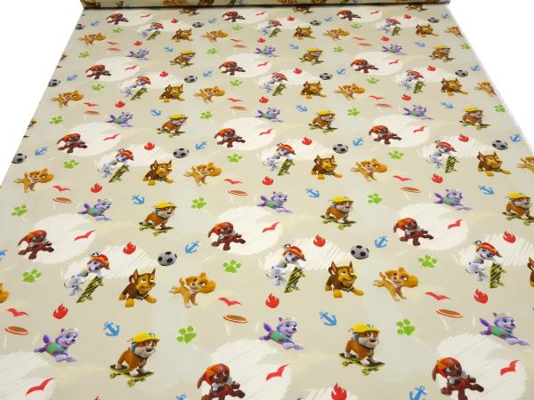Stoff Baumwolle Jersey mit Lizenzdruck Paw Patrol beige-braun bunt Kinderstoff Kleiderstoff Lizenzstoff