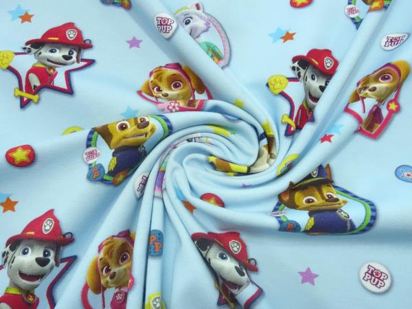 Fabric cotton jersey with license print Paw Patrol light blue colorful children's fabric dress fabric