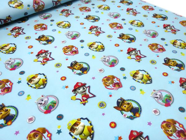 Fabric cotton jersey with license print Paw Patrol light blue colorful children's fabric dress fabric