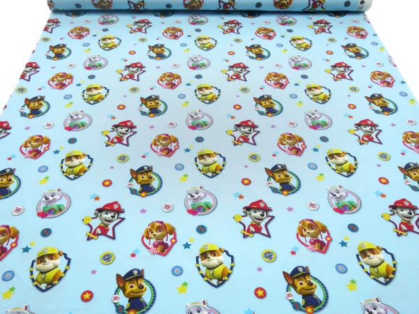 Fabric cotton jersey with license print Paw Patrol light blue colorful children's fabric dress fabric