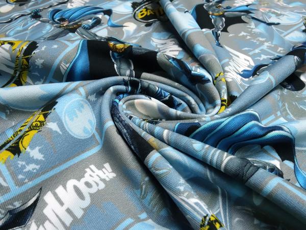 Stoff Baumwolle Jersey Batman Superhelden DC Comics Design grau blau gelb Kinderstoff Kleiderstoff Lizenzstoff