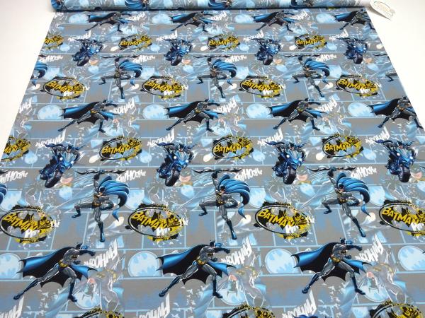 Stoff Baumwolle Jersey Batman Superhelden DC Comics Design grau blau gelb Kinderstoff Kleiderstoff Lizenzstoff