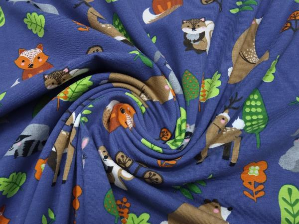 Cotton jersey deer foxes bears rabbits design blue colorful children's fabric dress fabric