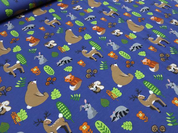 Cotton jersey deer foxes bears rabbits design blue colorful children's fabric dress fabric