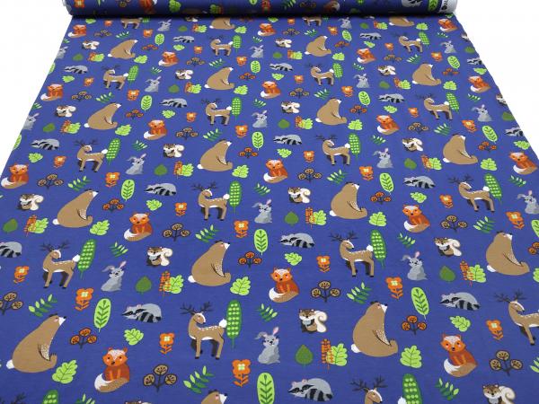 Cotton jersey deer foxes bears rabbits design blue colorful children's fabric dress fabric