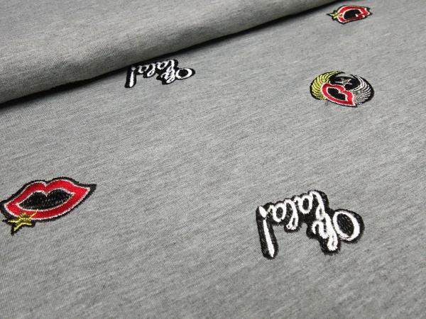 Fabric sweatshirt fabric French Terry embroidered ornaments emojis Lips oh lala design gray colorful dress fabric children's fabric