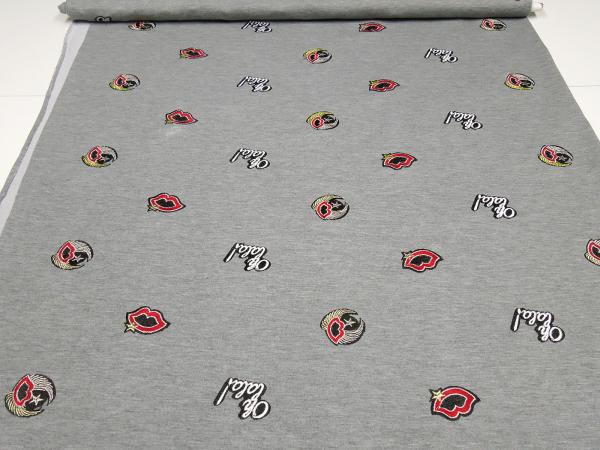Fabric sweatshirt fabric French Terry embroidered ornaments emojis Lips oh lala design gray colorful dress fabric children's fabric