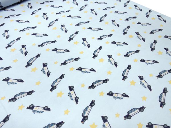 Fabric cotton jersey police cars stars light blue yellow white gray black blue children's fabric dress fabric Little Darling