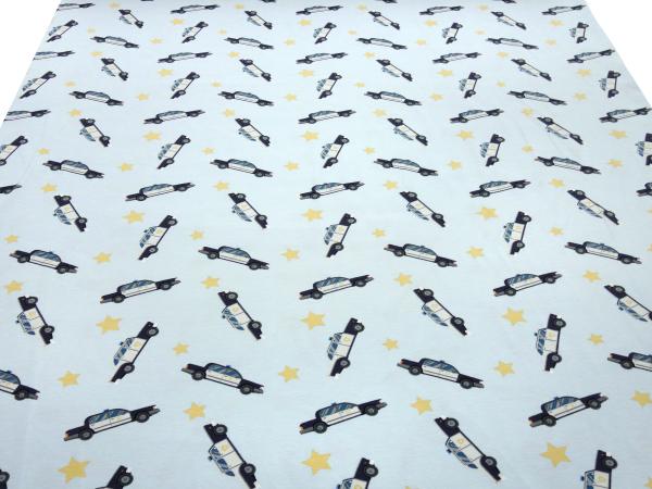 Fabric cotton jersey police cars stars light blue yellow white gray black blue children's fabric dress fabric Little Darling