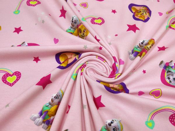 Stoff Baumwolle Jersey mit Lizenzdruck Paw Patrol Herzen rosa bunt Kinderstoff Kleiderstoff