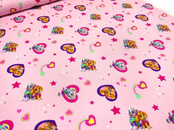 Stoff Baumwolle Jersey mit Lizenzdruck Paw Patrol Herzen rosa bunt Kinderstoff Kleiderstoff
