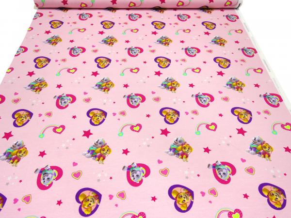 Stoff Baumwolle Jersey mit Lizenzdruck Paw Patrol Herzen rosa bunt Kinderstoff Kleiderstoff