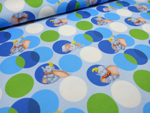 Stoff Baumwolle Jersey Disney Dumbo Punkte Design Lizenzstoff blau grün weiß grau bunt Kinderstoff Kleiderstoff