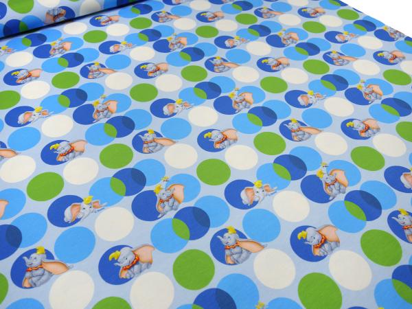 Stoff Baumwolle Jersey Disney Dumbo Punkte Design Lizenzstoff blau grün weiß grau bunt Kinderstoff Kleiderstoff