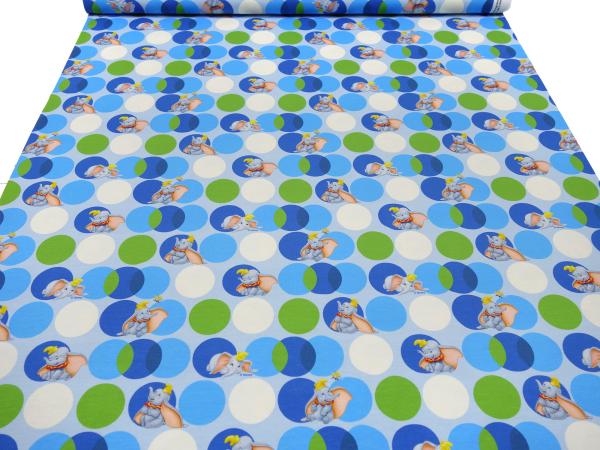 Stoff Baumwolle Jersey Disney Dumbo Punkte Design Lizenzstoff blau grün weiß grau bunt Kinderstoff Kleiderstoff