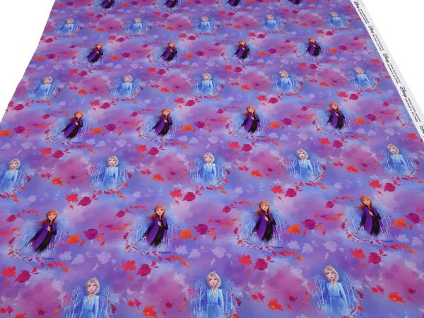 Stoff Baumwolle Jersey mit Disney's Eiskönigin Frozen Anna Elsa Design blau lila orange bunt Kinderstoff Kleiderstoff Lizenzstoff