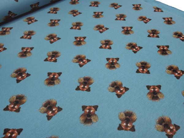 Fabric alpine fleece sweatshirt fabric alpine fleece dogs dog heads design petrol brown children's fabric clothing fabric hoodie fabric