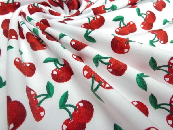 Stoff Baumwolle Jersey Kirschen Design weiß rot grün Kleiderstoff Kinderstoff