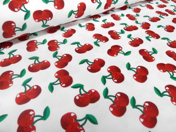 Stoff Baumwolle Jersey Kirschen Design weiß rot grün Kleiderstoff Kinderstoff